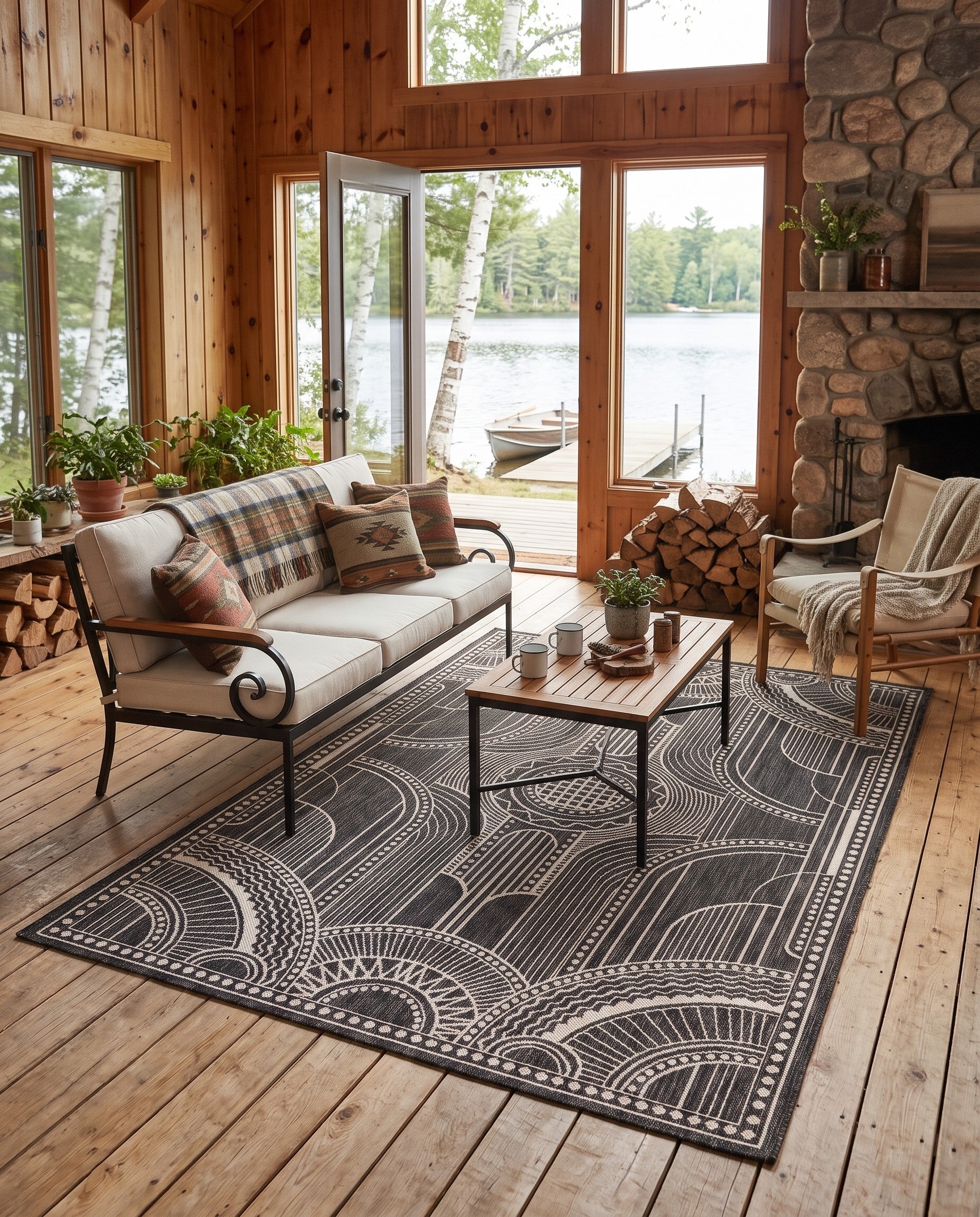 Black and White Easy-Clean Traditional Indoor / Outdoor Rug