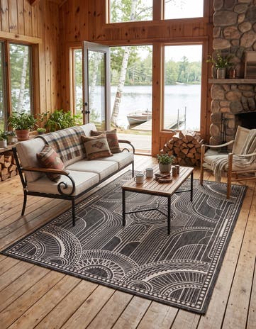 Black and White Easy-Clean Traditional Indoor / Outdoor Rug