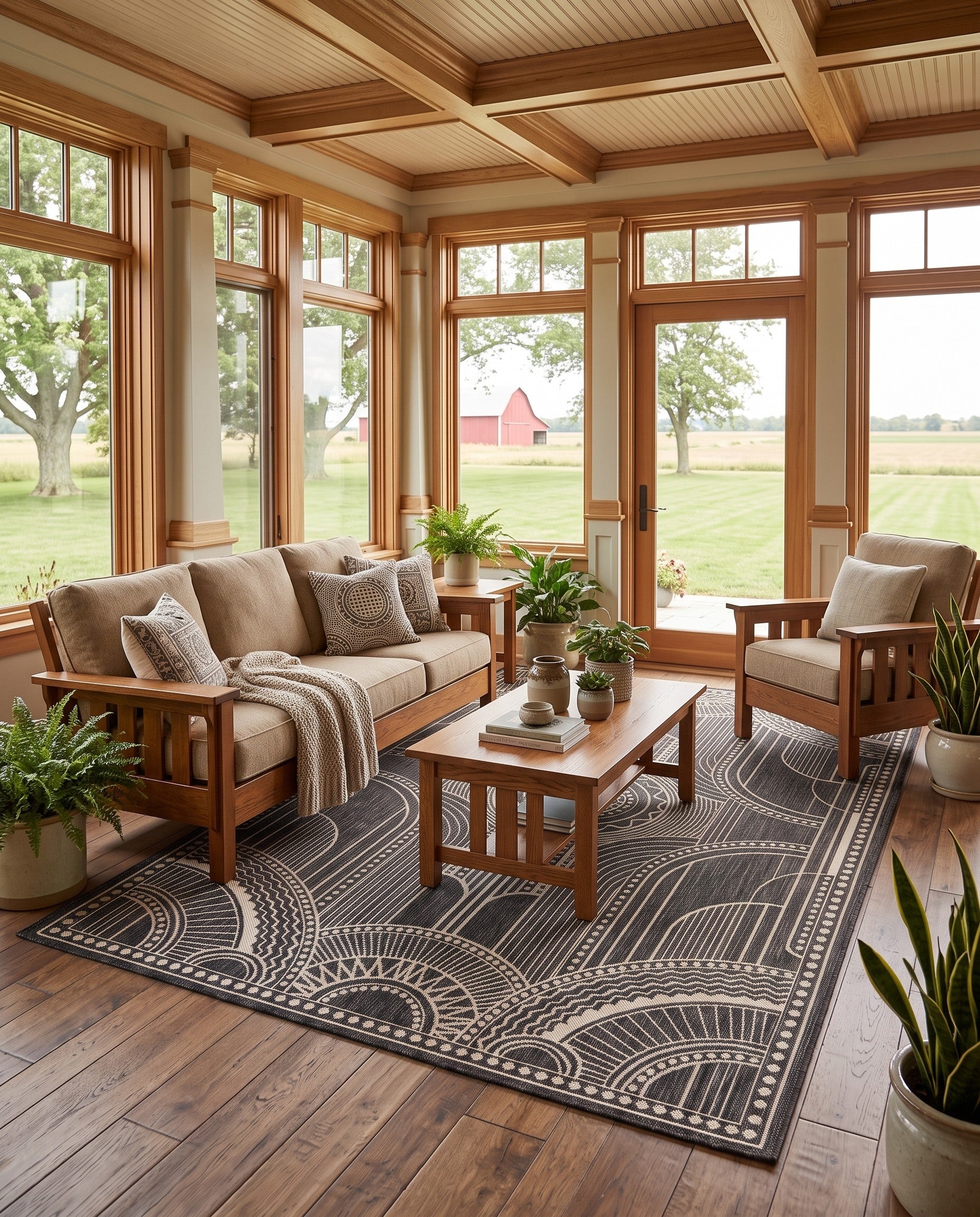Black and White Easy-Clean Traditional Indoor / Outdoor Rug