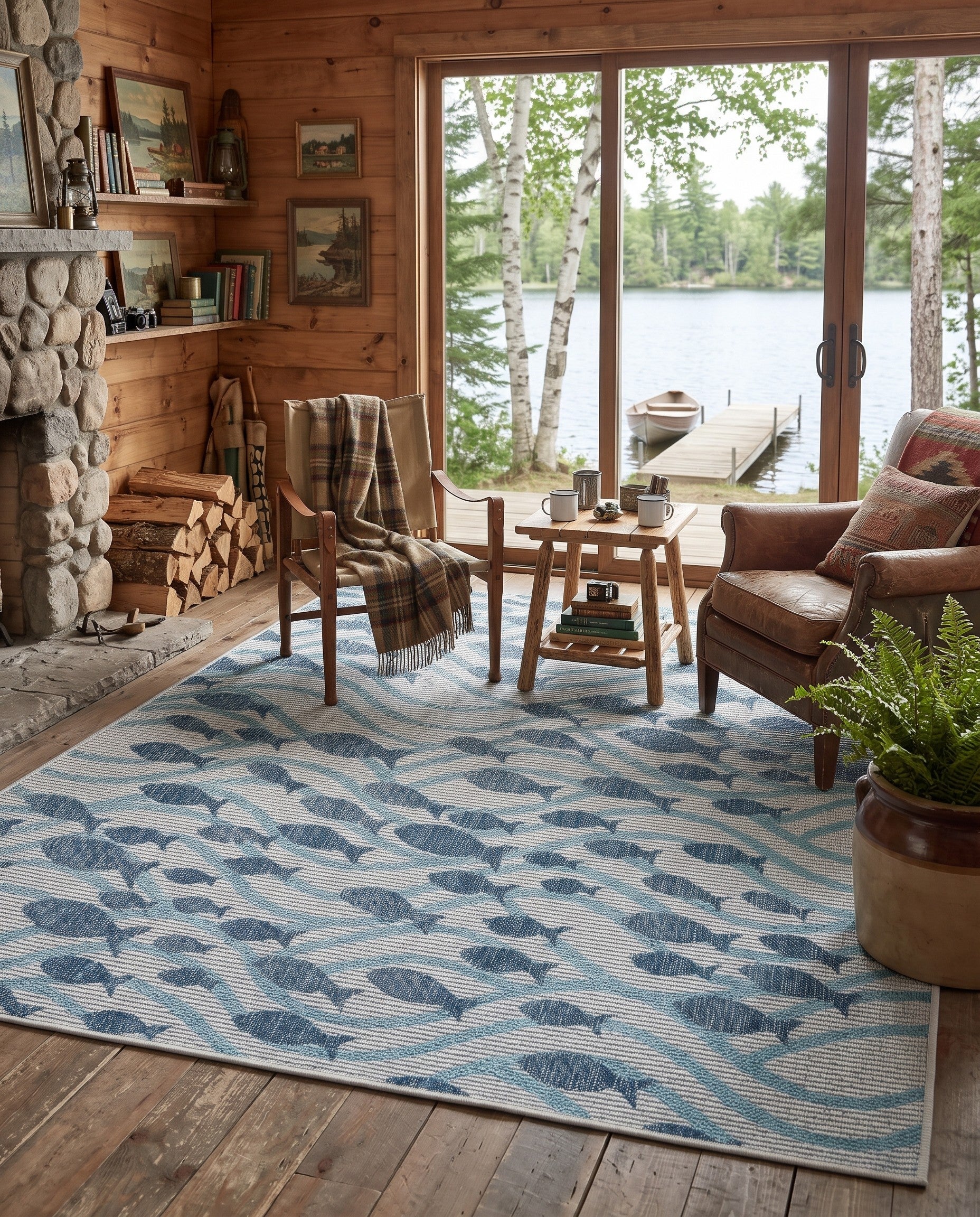Blue Easy-Clean Coastal Indoor / Outdoor Rug
