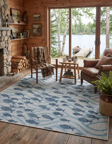 Blue Easy-Clean Coastal Indoor / Outdoor Rug