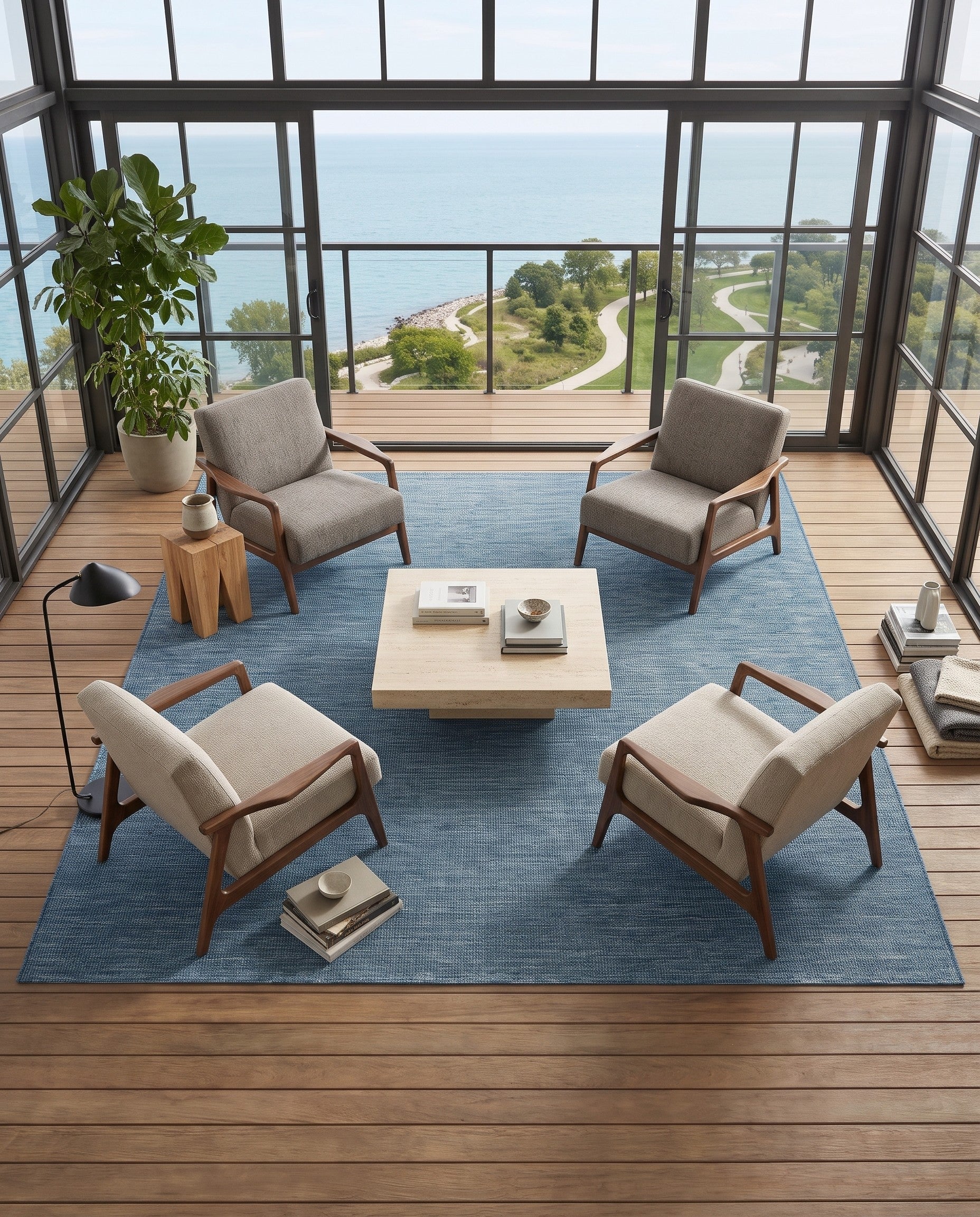 Blue Easy-Clean Solid Indoor / Outdoor Square Rug