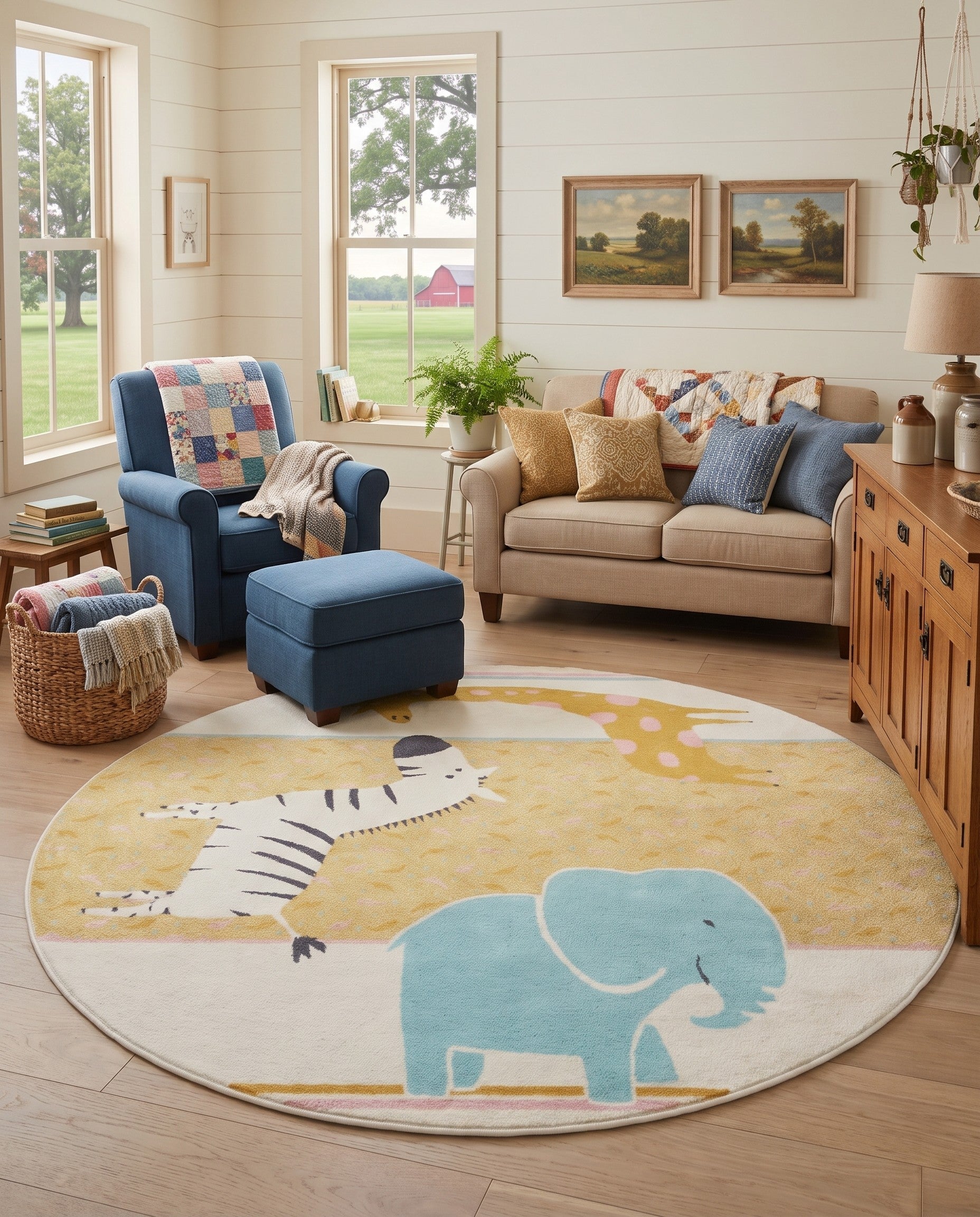 Ivory Animals Whimsy Kids Round Rug