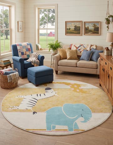 Ivory Animals Whimsy Kids Round Rug