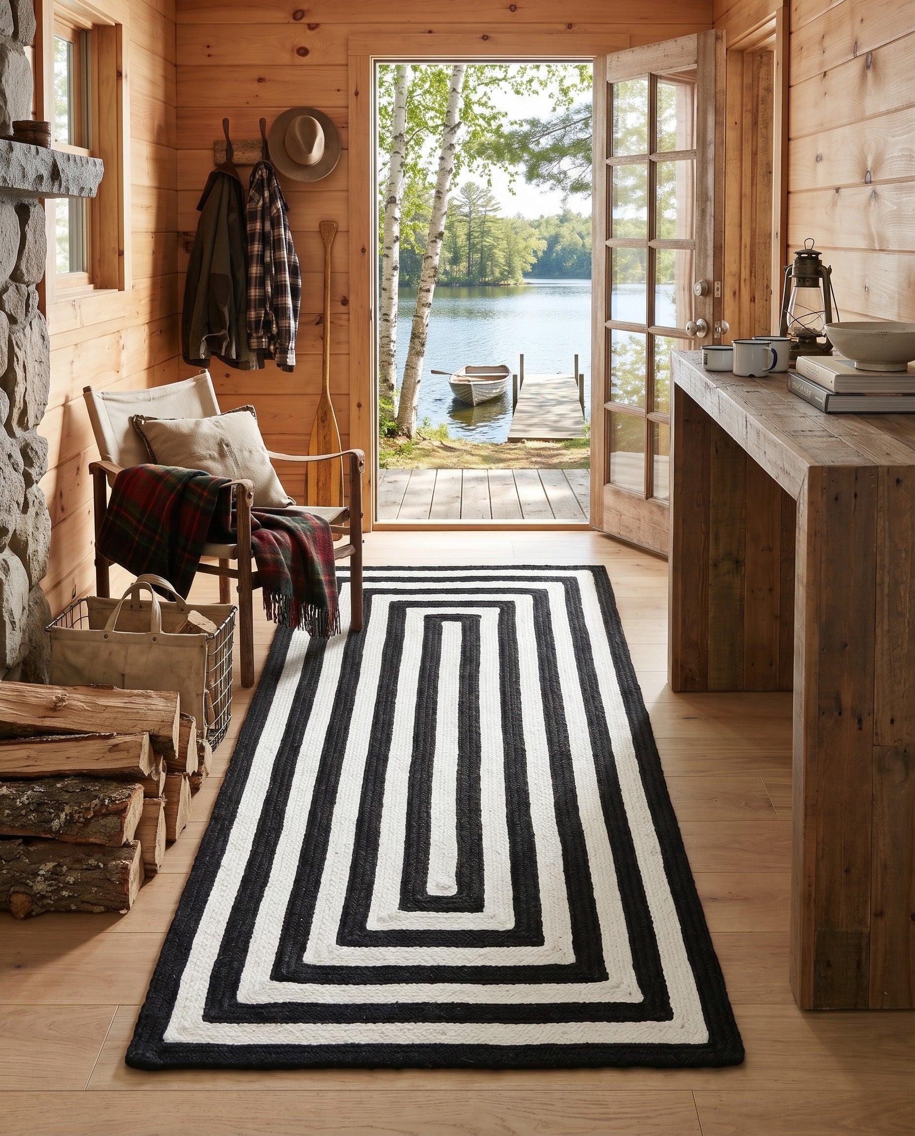Black and White Easy-Clean Eco Verse Washable Indoor / Outdoor Runner Rug