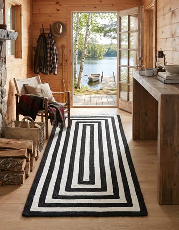 Black and White Easy-Clean Eco Verse Washable Indoor / Outdoor Runner Rug