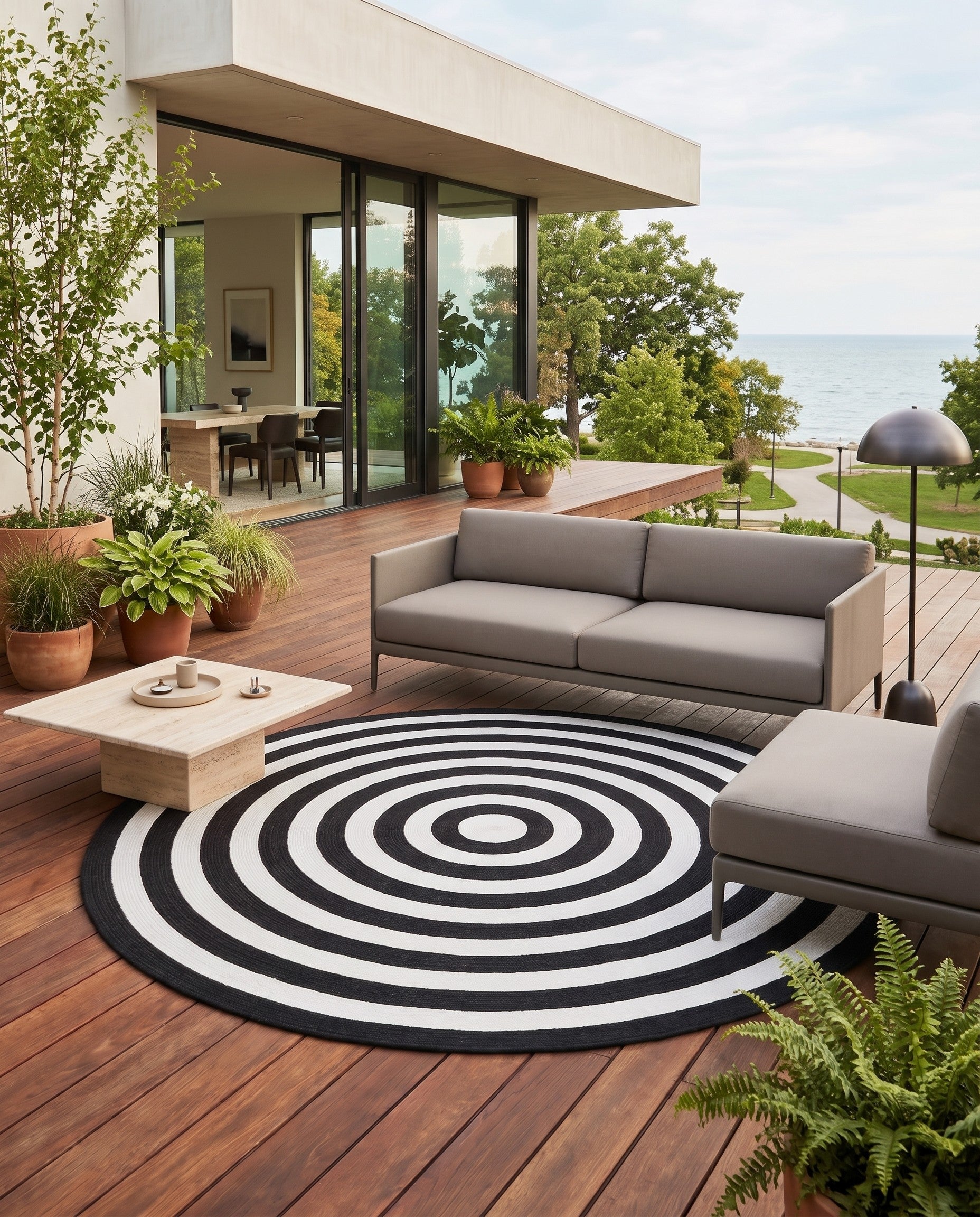 Black and White Easy-Clean Eco Verse Washable Indoor / Outdoor Round Rug