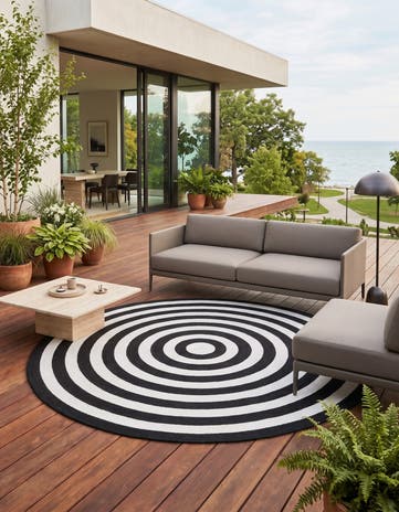 Black and White Easy-Clean Eco Verse Washable Indoor / Outdoor Round Rug