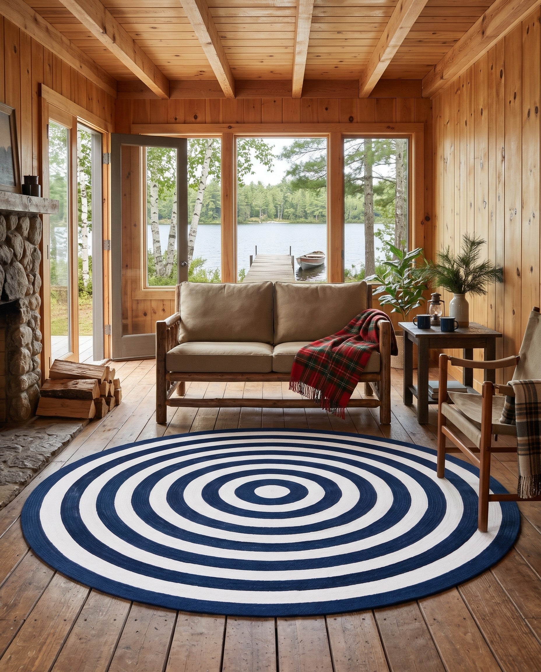 Navy Blue and White Easy-Clean Eco Verse Washable Indoor / Outdoor Round Rug