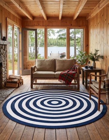 Navy Blue and White Easy-Clean Eco Verse Washable Indoor / Outdoor Round Rug