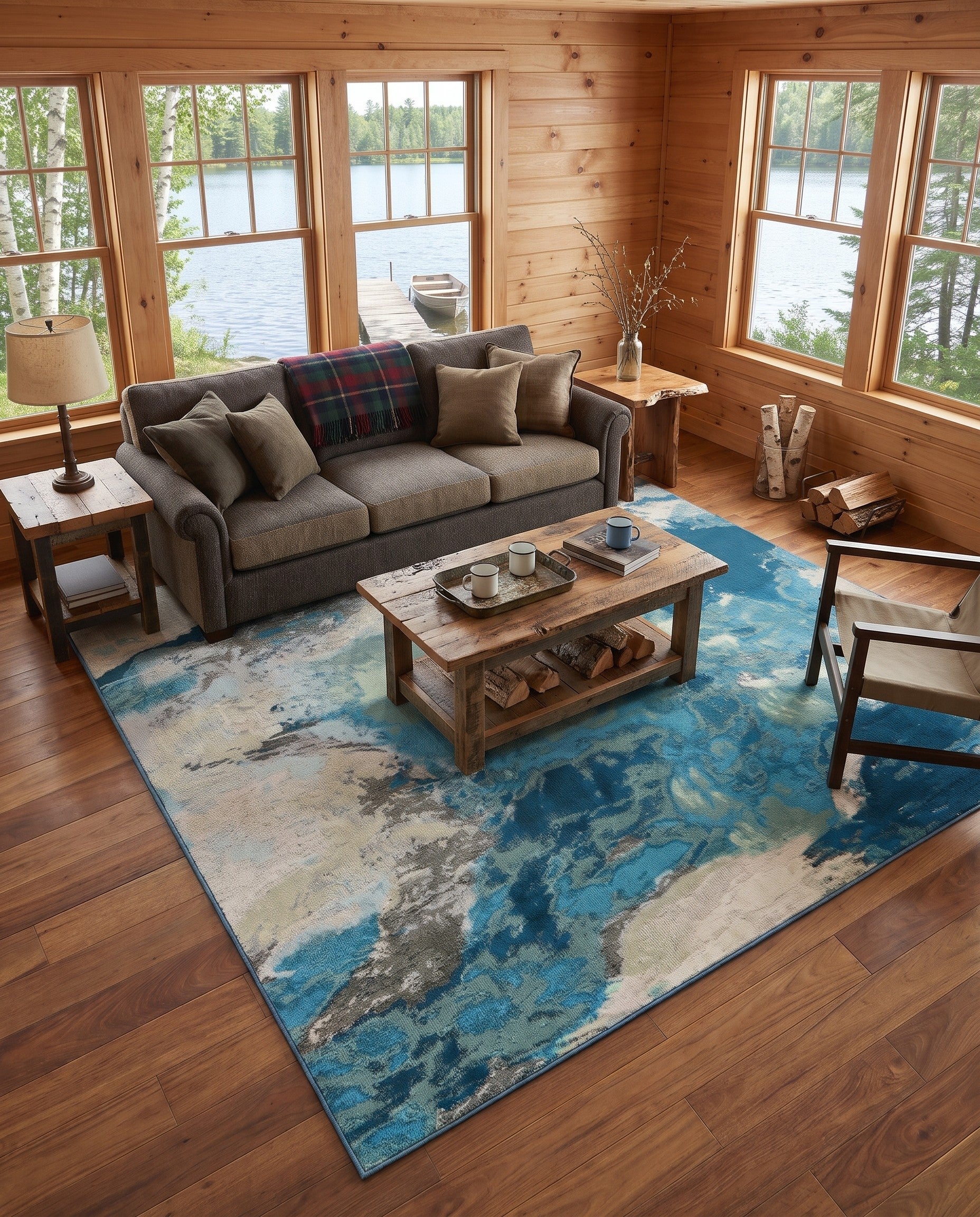 Ivory and Blue Easy-Clean Modern Indoor / Outdoor Square Rug