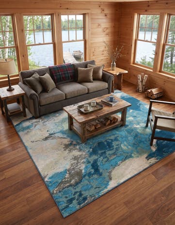 Ivory and Blue Easy-Clean Modern Indoor / Outdoor Square Rug