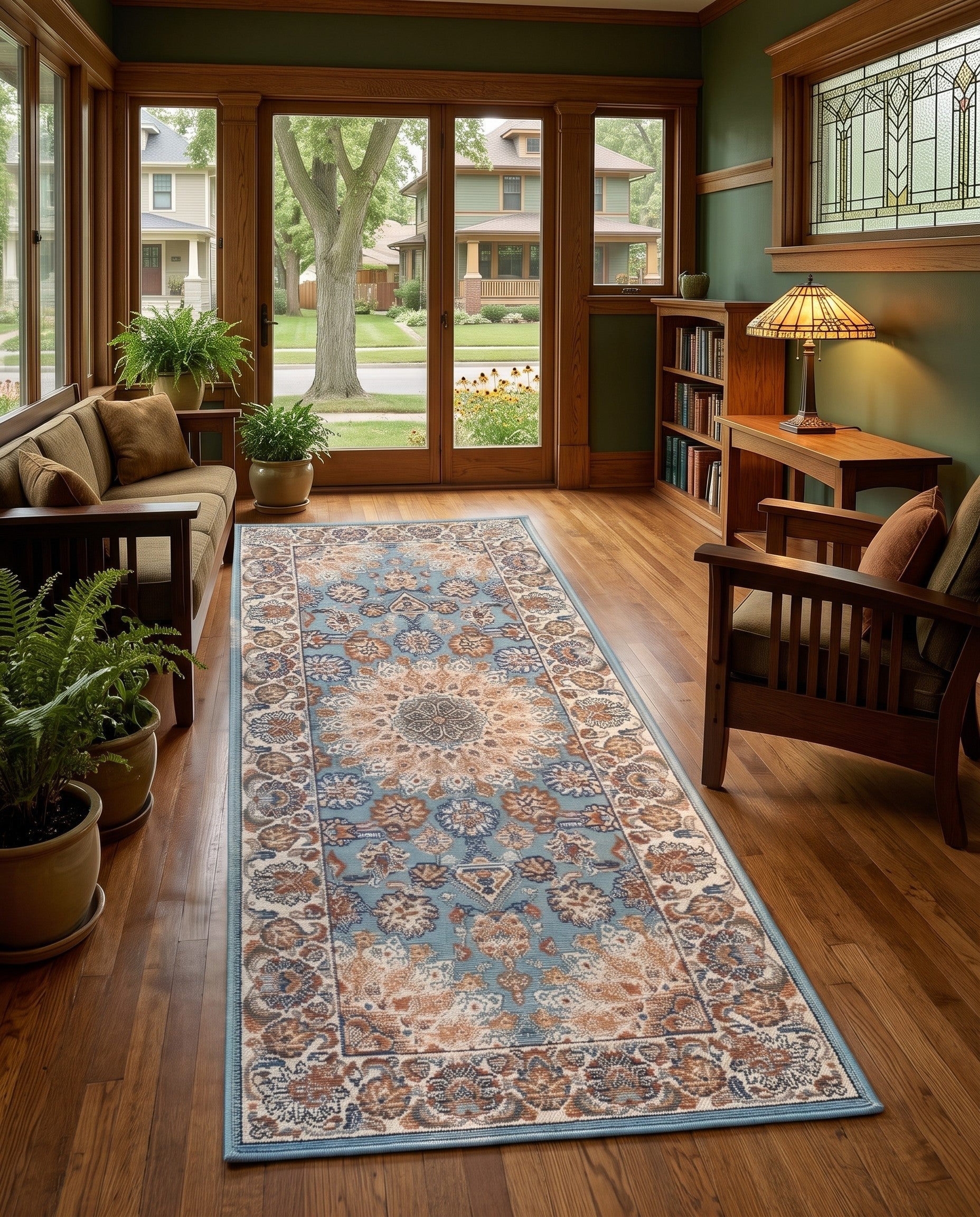 Blue Easy-Clean Traditional Indoor / Outdoor Runner Rug