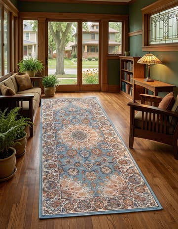Blue Easy-Clean Traditional Indoor / Outdoor Runner Rug