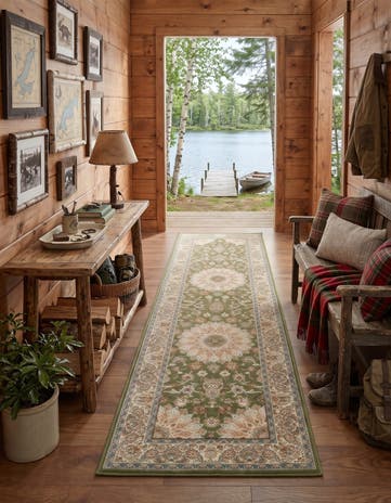 Green Easy-Clean Traditional Indoor / Outdoor Runner Rug