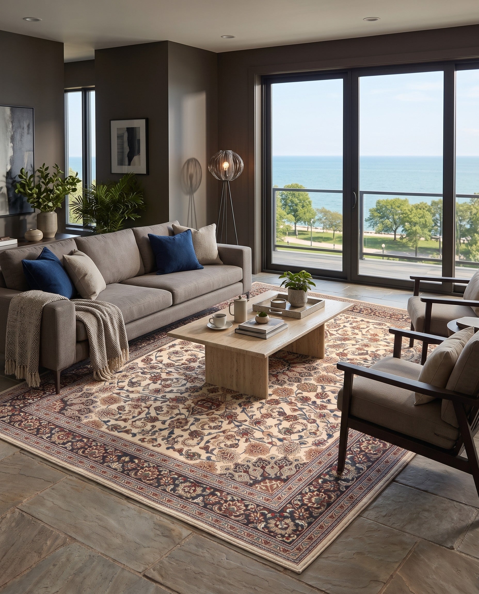Ivory Easy-Clean Traditional Indoor / Outdoor Rug