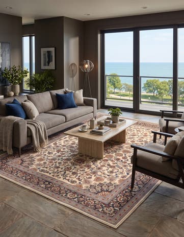 Ivory Easy-Clean Traditional Indoor / Outdoor Rug