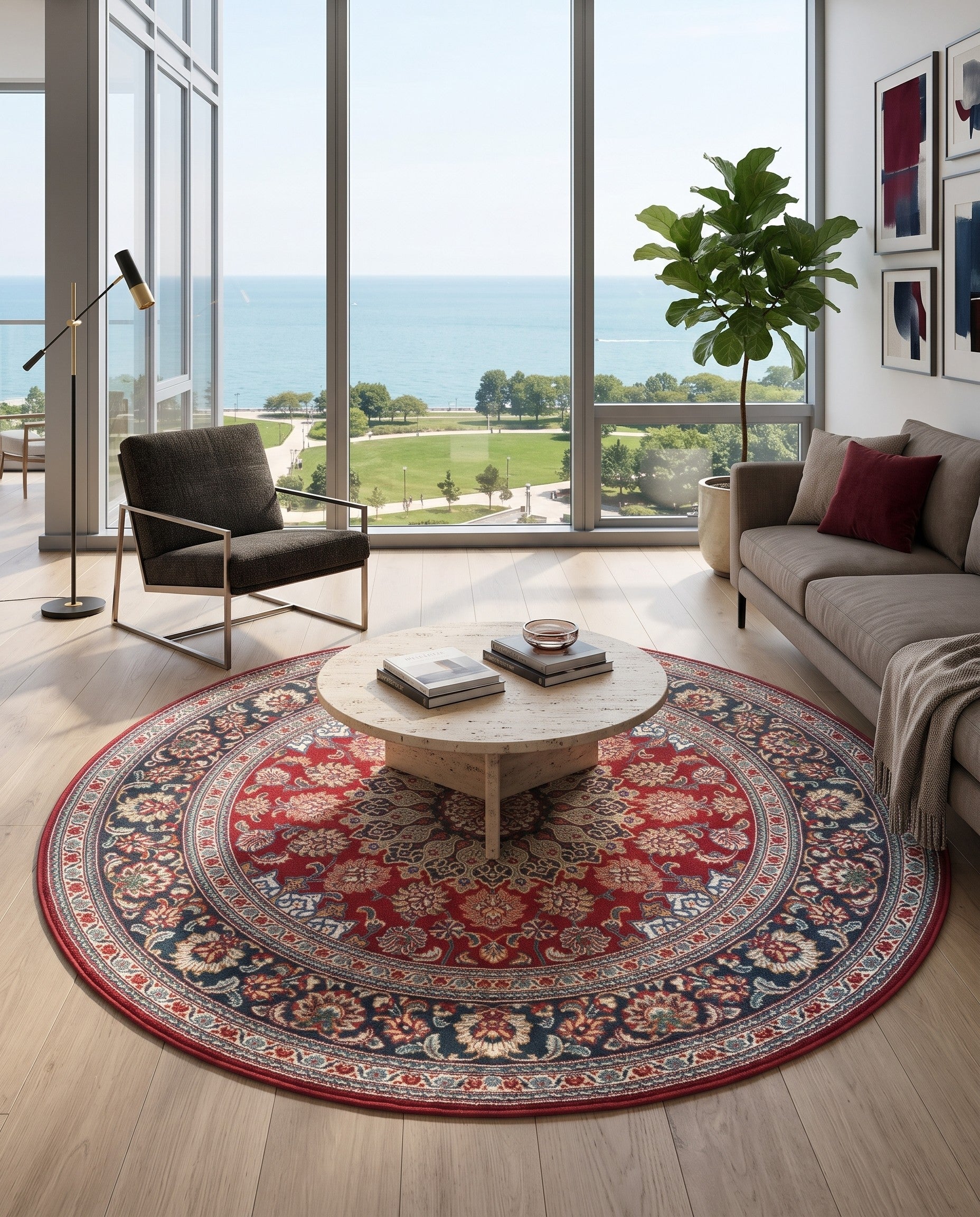 Red Easy-Clean Traditional Indoor / Outdoor Round Rug