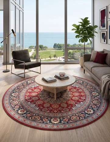 Red Easy-Clean Traditional Indoor / Outdoor Round Rug