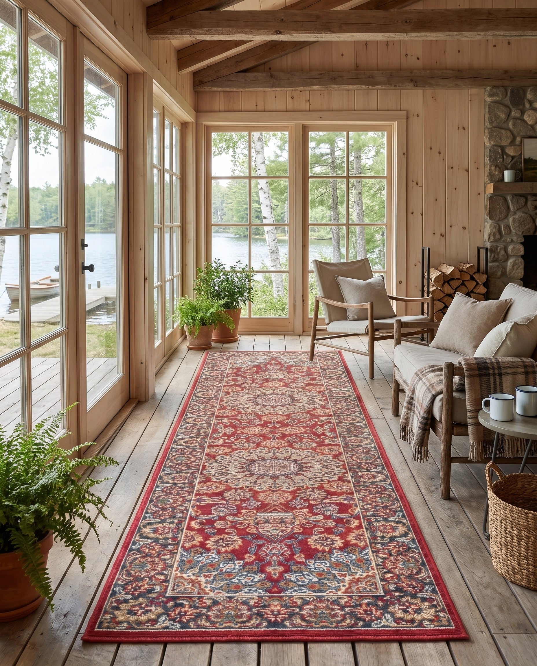 Red Easy-Clean Traditional Indoor / Outdoor Runner Rug