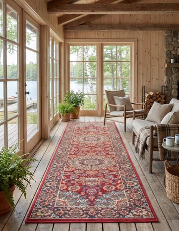 Red Easy-Clean Traditional Indoor / Outdoor Runner Rug
