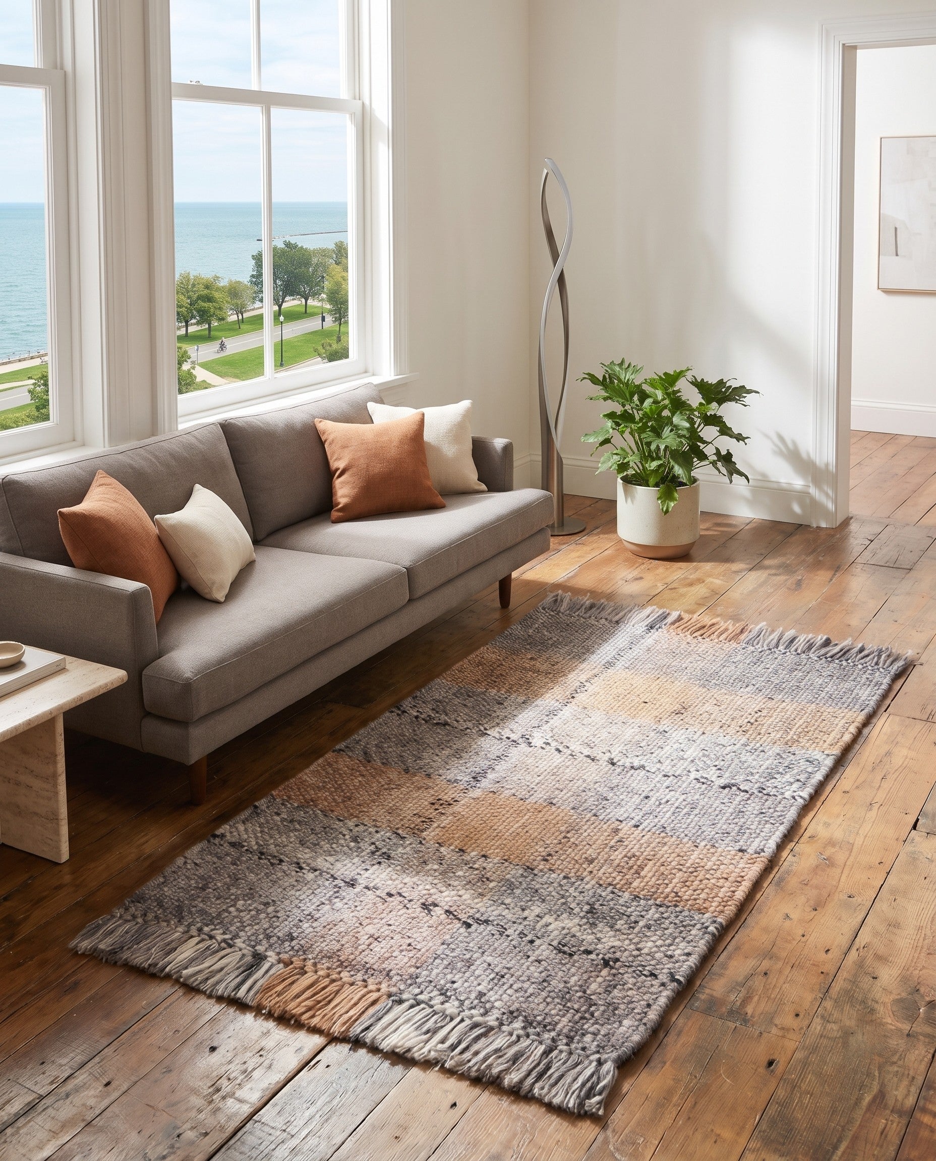 Desert Gray Easy-Clean Eco Plaid Washable Indoor / Outdoor Rug