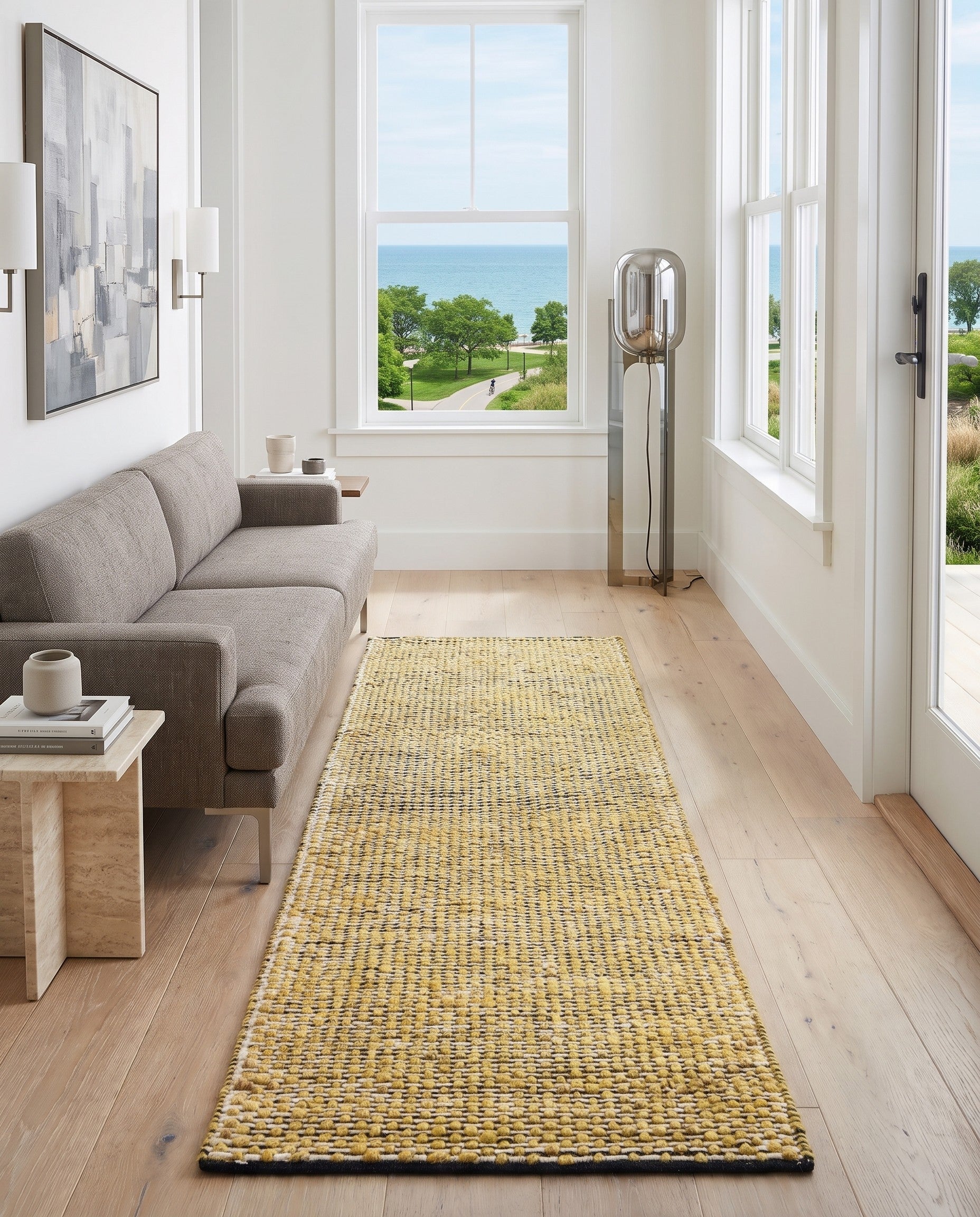 Navy Blue and Yellow Hand Woven Seaside Pearl Jute Runner Rug