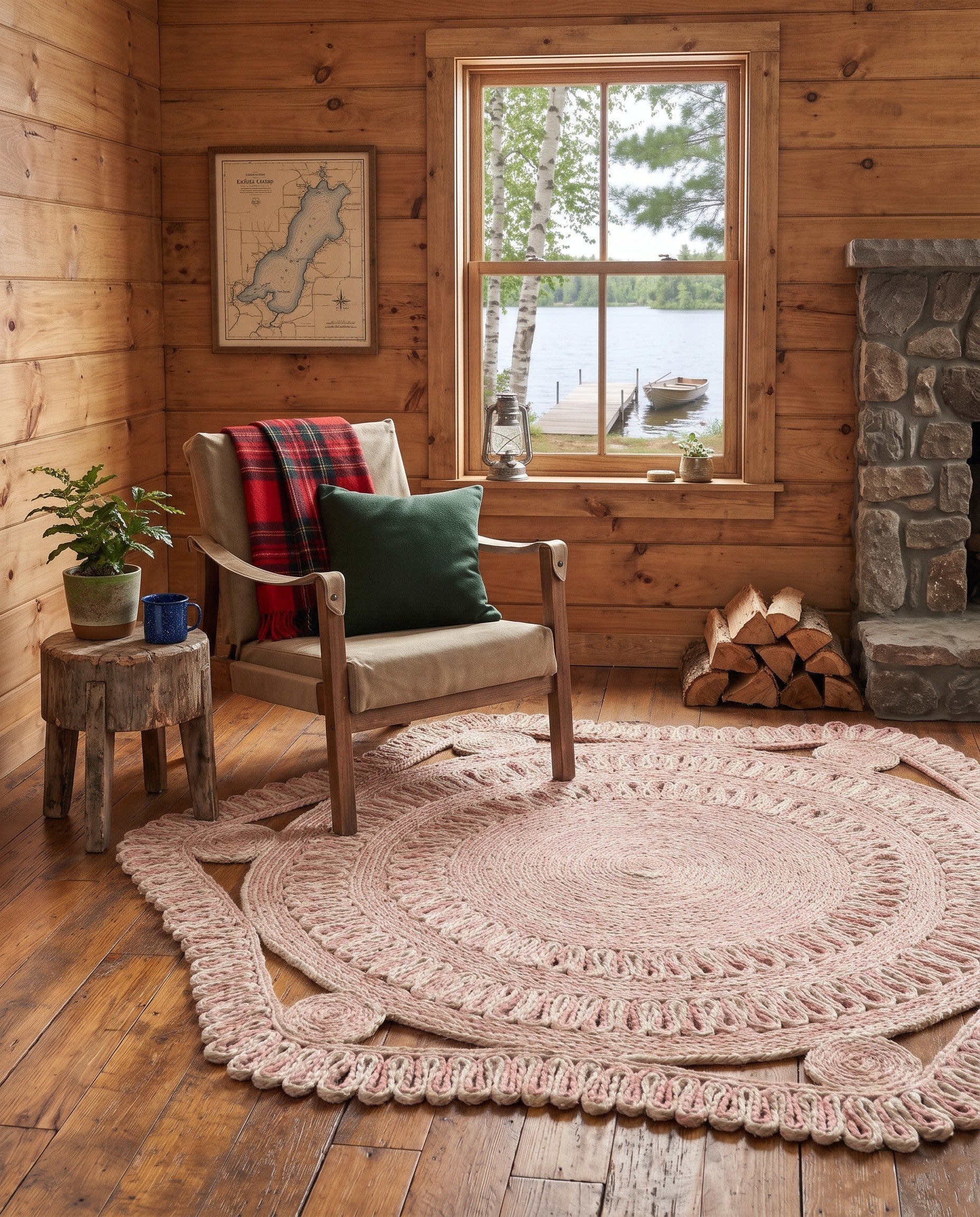 Pink and White Handmade Braided Jute Round Rug