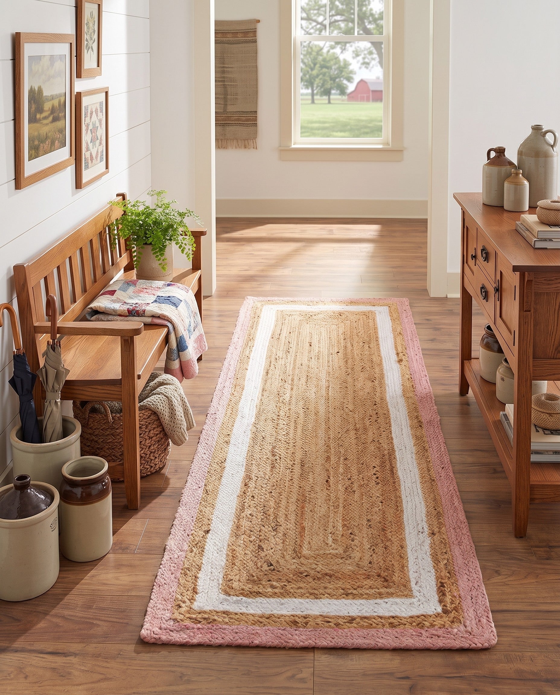 Pink White Natural Handmade Braided Jute Runner Rug