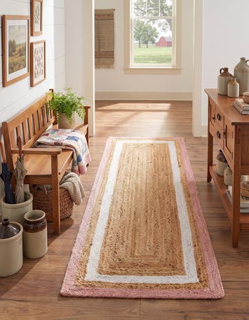 Pink White Natural Handmade Braided Jute Runner Rug
