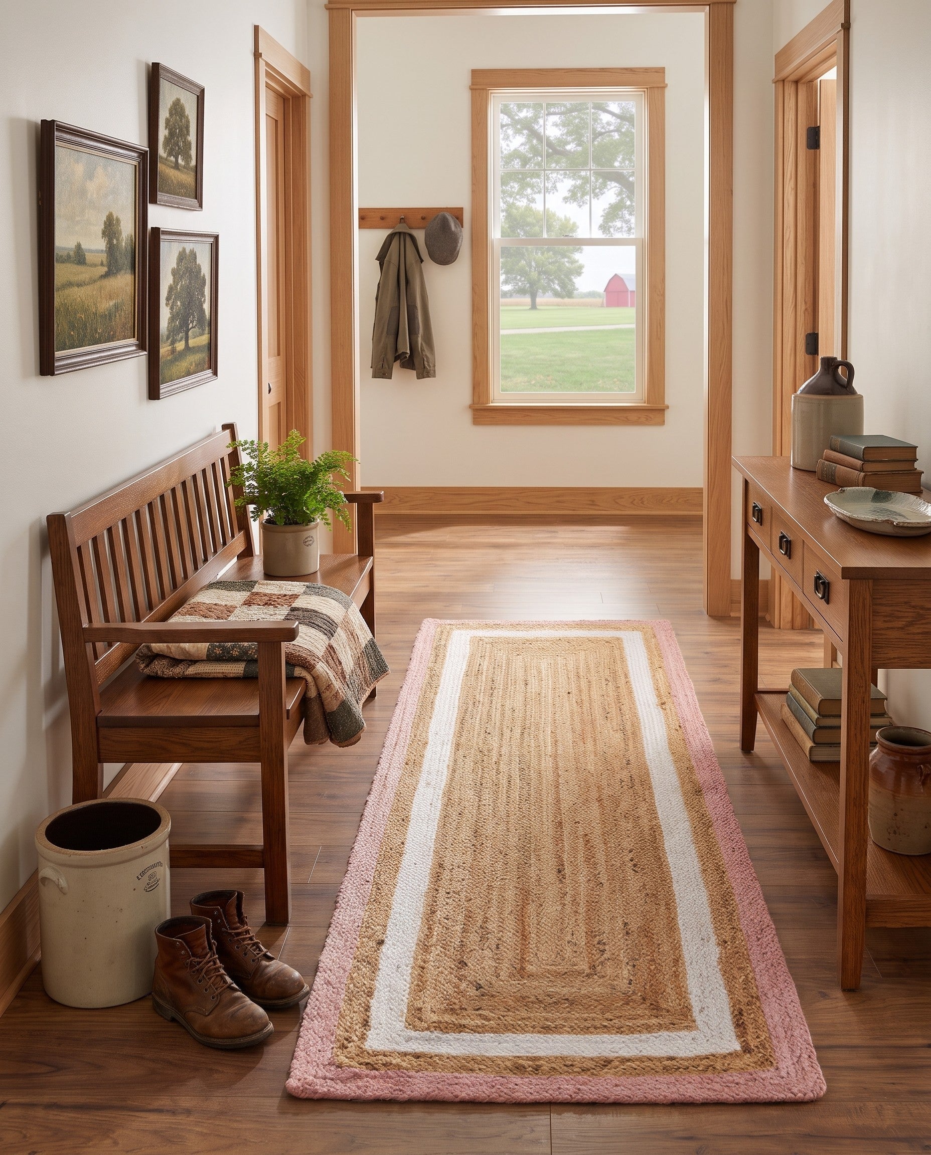 Pink White Natural Handmade Braided Jute Runner Rug