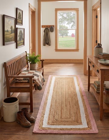 Pink White Natural Handmade Braided Jute Runner Rug