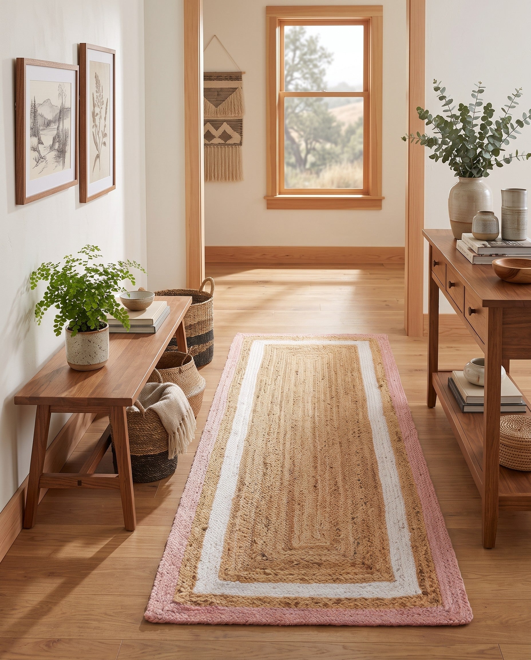 Pink White Natural Handmade Braided Jute Runner Rug