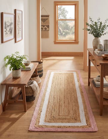 Pink White Natural Handmade Braided Jute Runner Rug