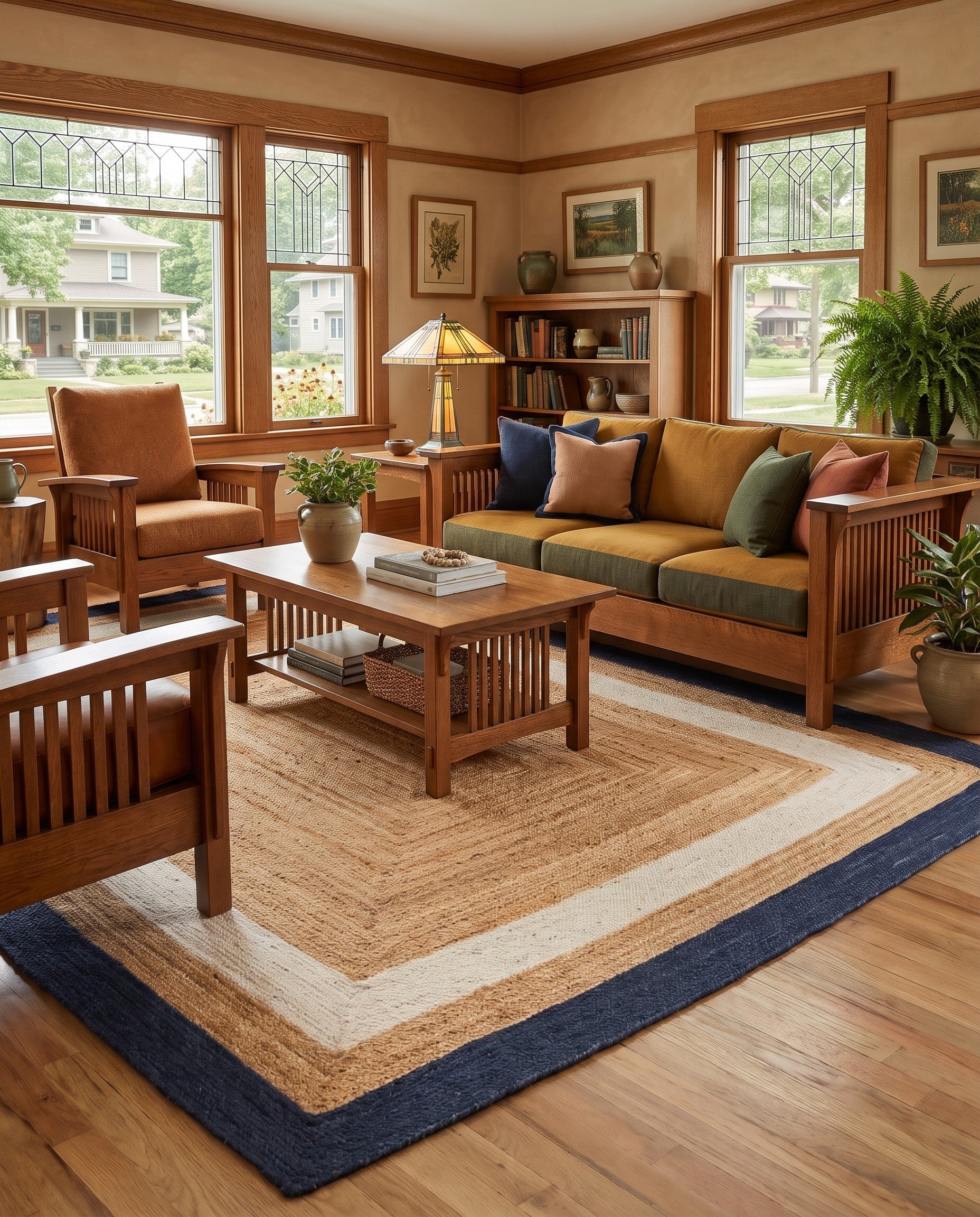 Navy Blue White Natural Handmade Braided Jute Rug