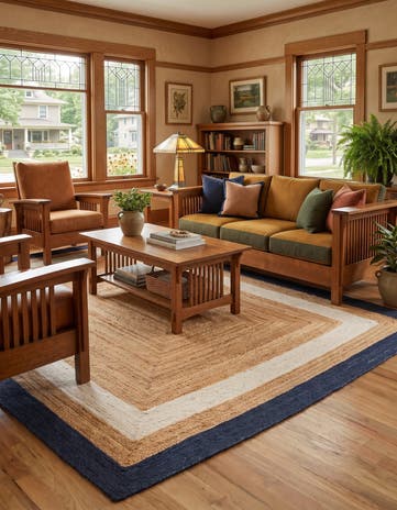 Navy Blue White Natural Handmade Braided Jute Rug