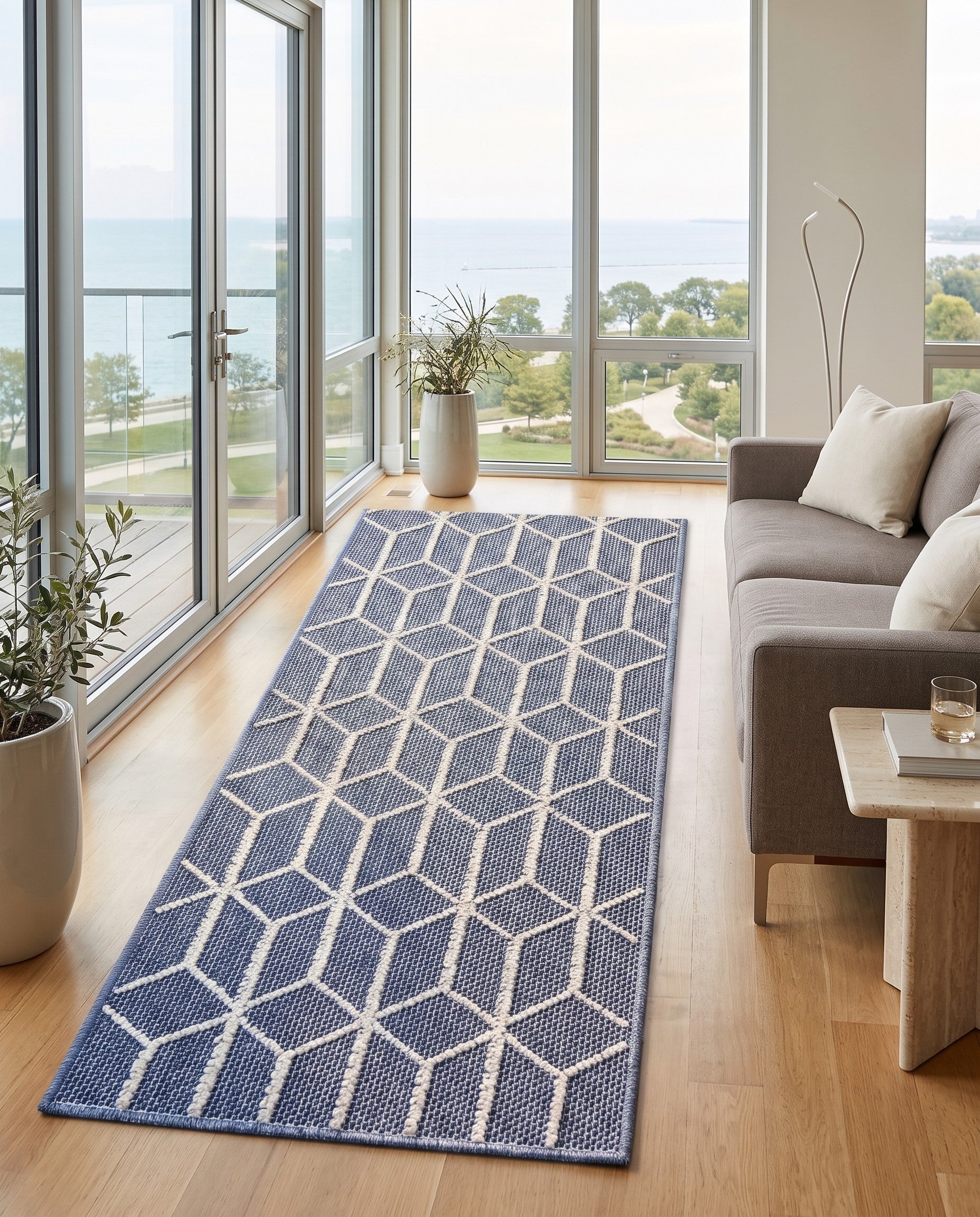 Navy Blue Easy-Clean Lattice Indoor / Outdoor Runner Rug