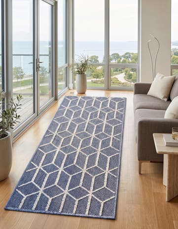 Navy Blue Easy-Clean Lattice Indoor / Outdoor Runner Rug