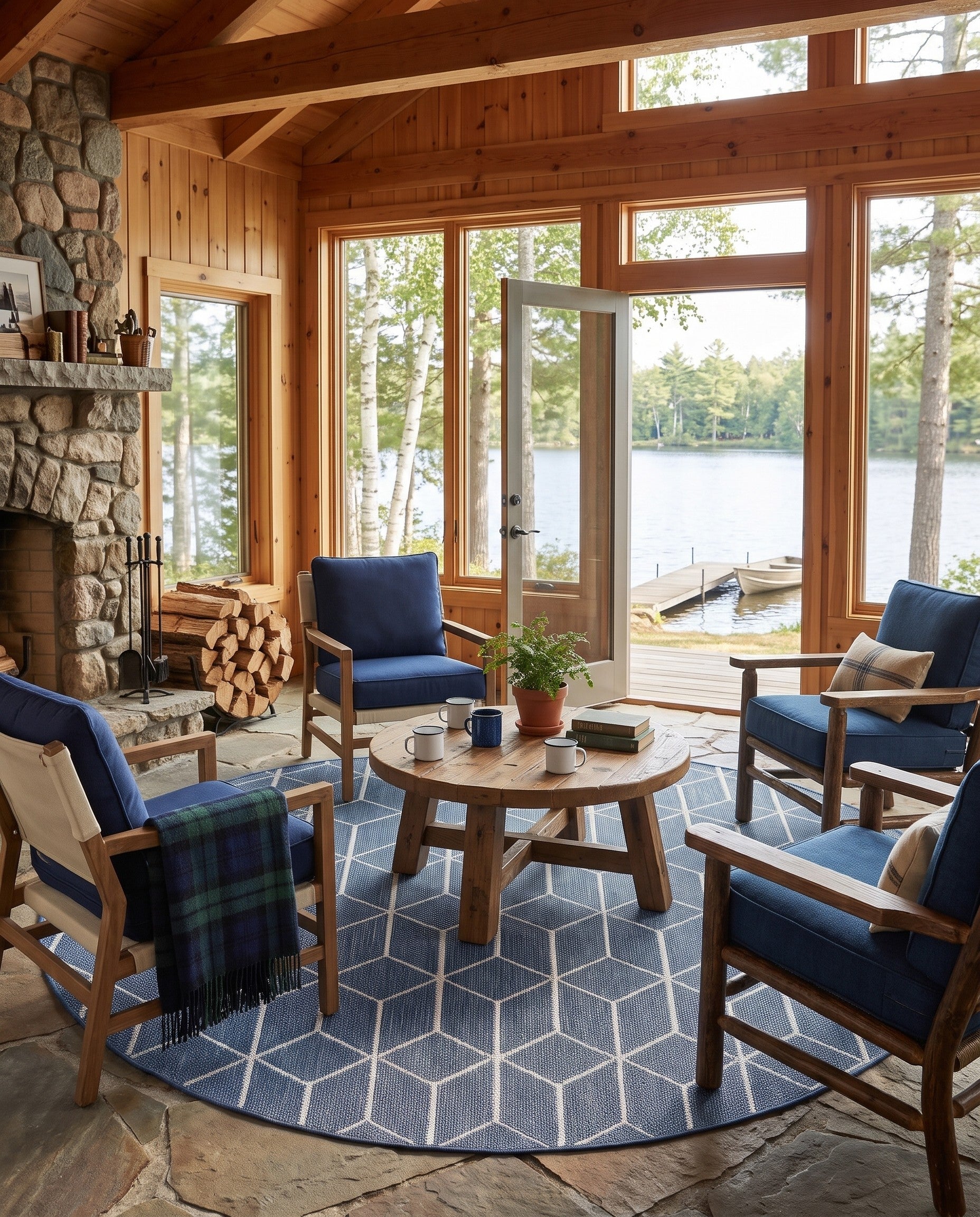 Navy Blue Easy-Clean Lattice Indoor / Outdoor Round Rug
