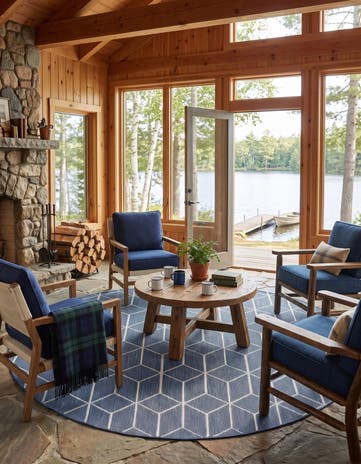 Navy Blue Easy-Clean Lattice Indoor / Outdoor Round Rug