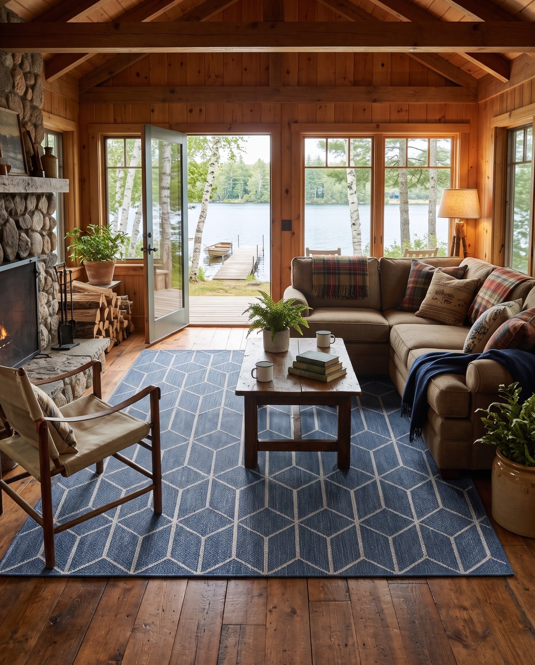 Navy Blue Easy-Clean Lattice Indoor / Outdoor Rug