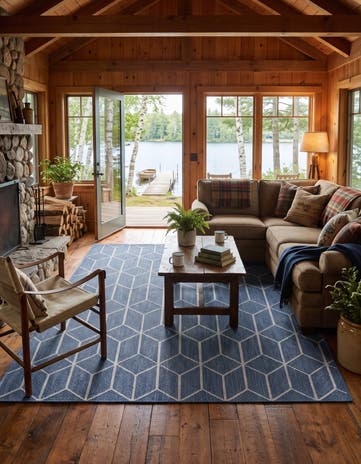 Navy Blue Easy-Clean Lattice Indoor / Outdoor Rug