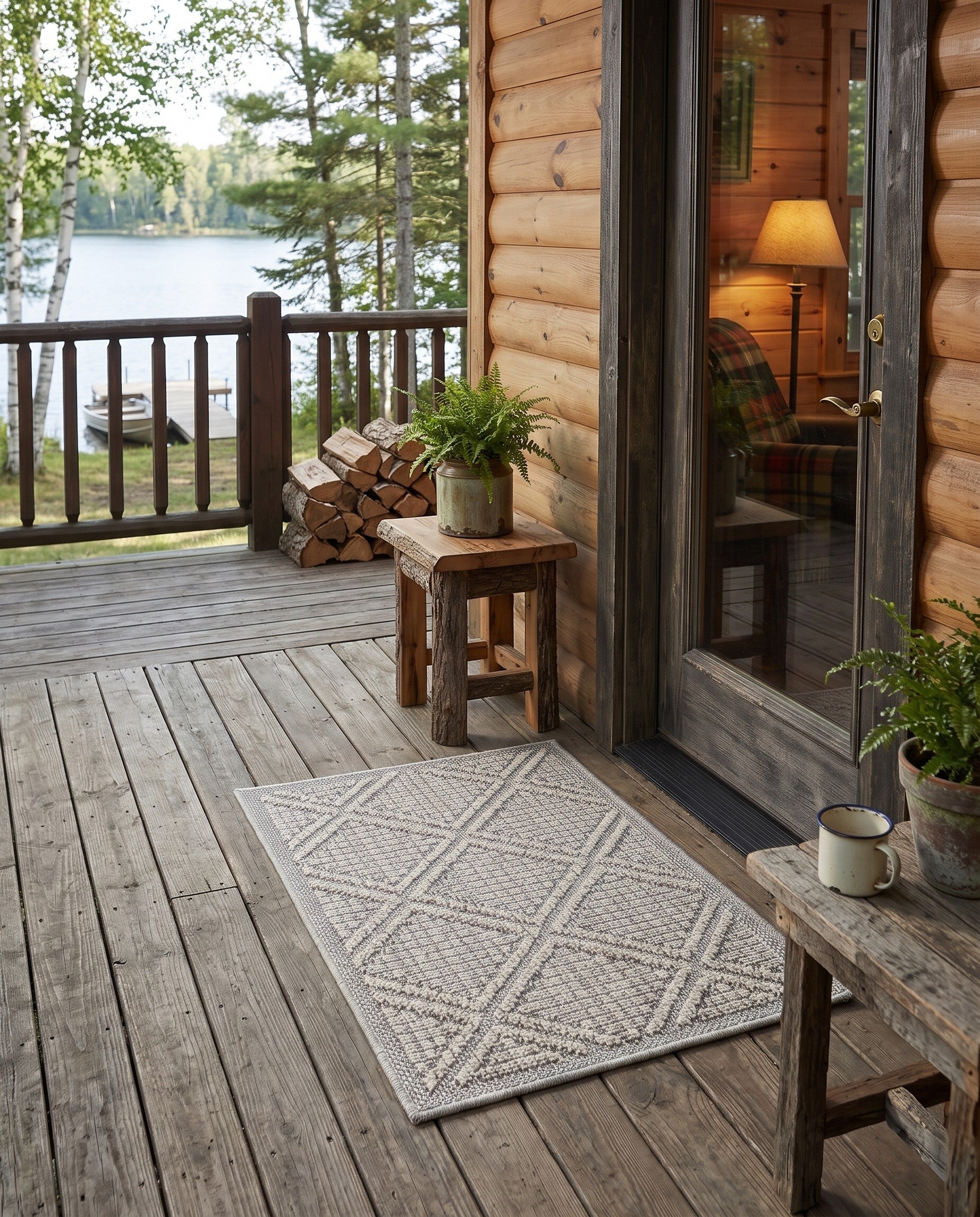 Light Gray Easy-Clean Lattice Indoor / Outdoor Rug