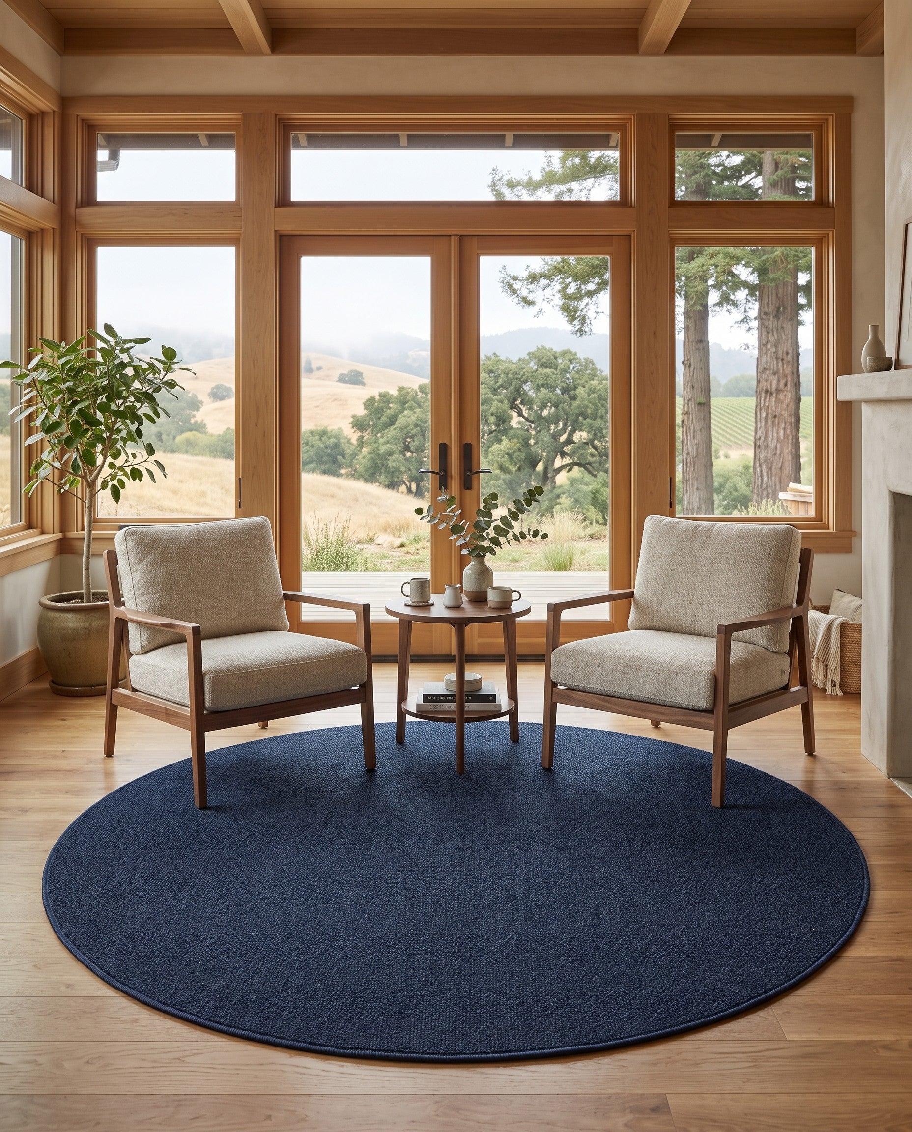 Navy Blue Easy-Clean Solid Indoor / Outdoor Round Rug