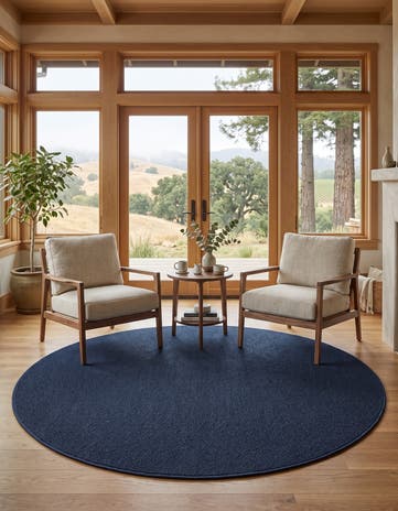 Navy Blue Easy-Clean Solid Indoor / Outdoor Round Rug