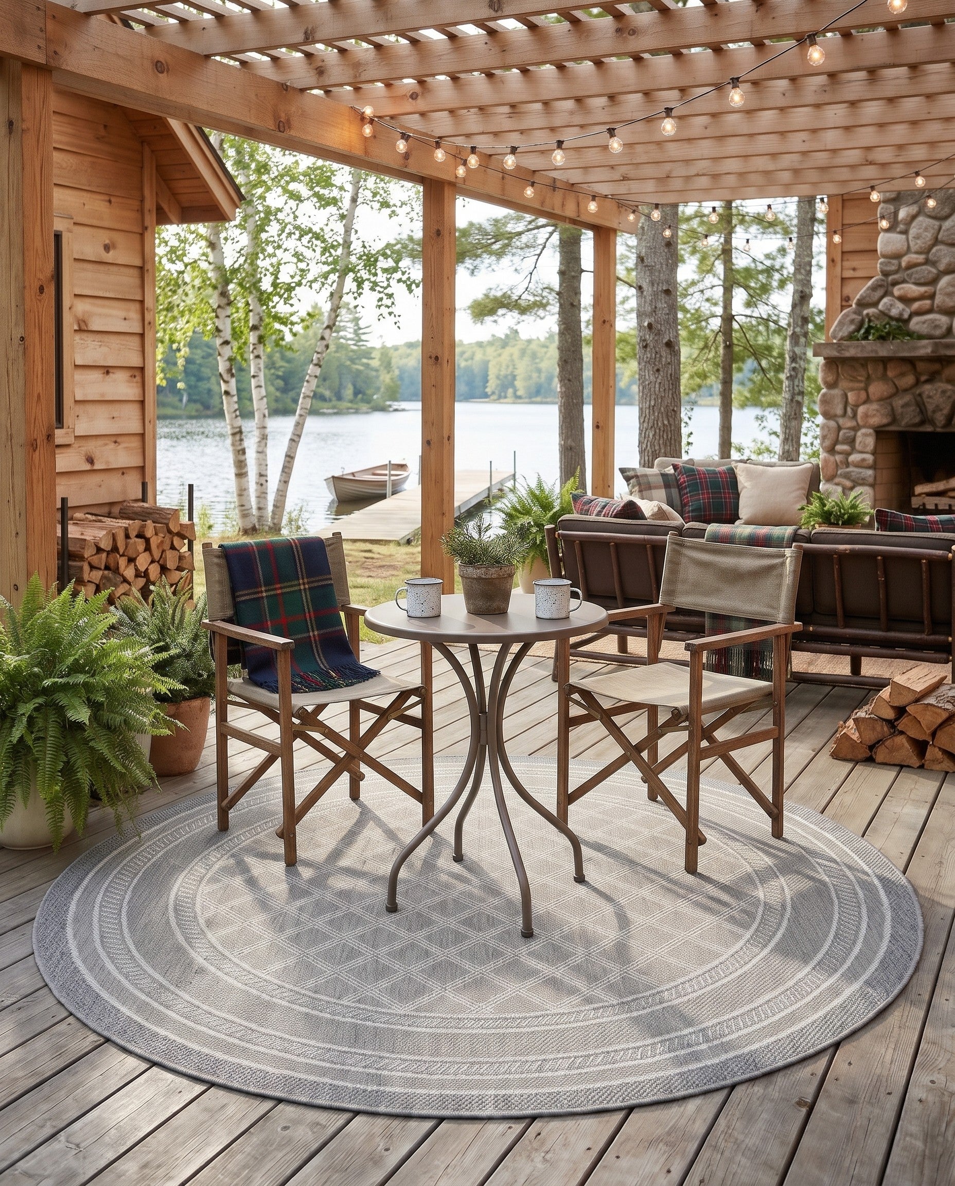 Gray Easy-Clean Lydia Lattice Indoor / Outdoor Round Rug