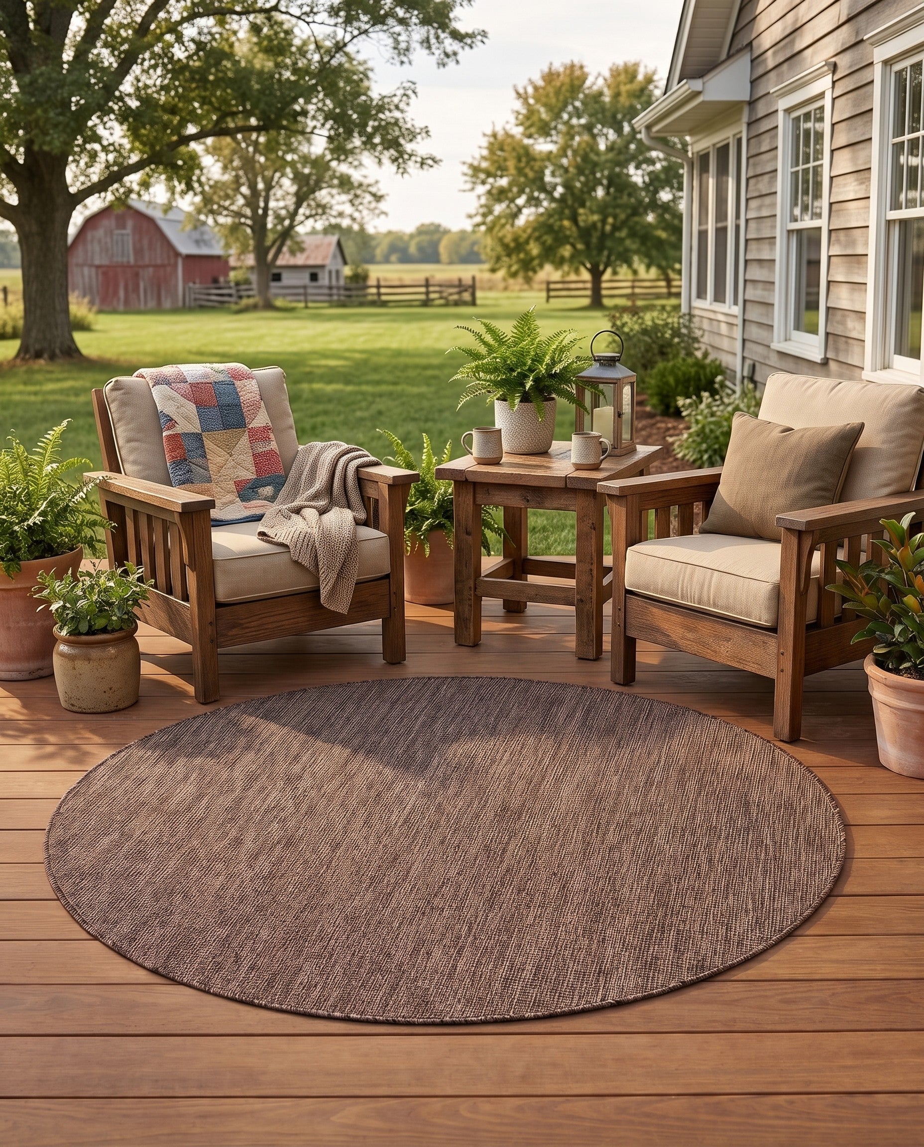 Light Brown Easy-Clean Solid Indoor / Outdoor Round Rug