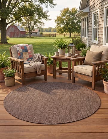 Light Brown Easy-Clean Solid Indoor / Outdoor Round Rug