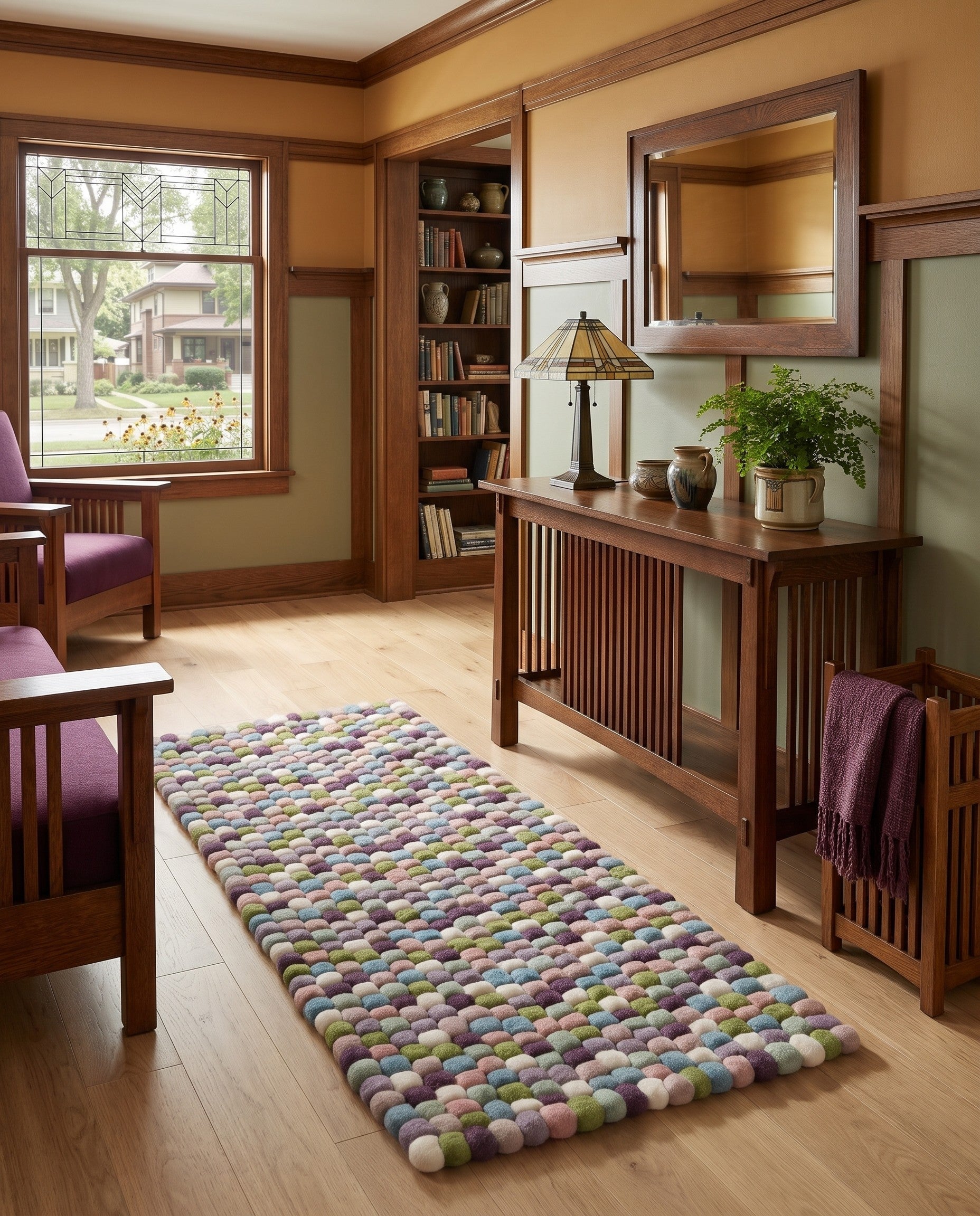 Pink and Purple Felt Ball Wool Runner Rug