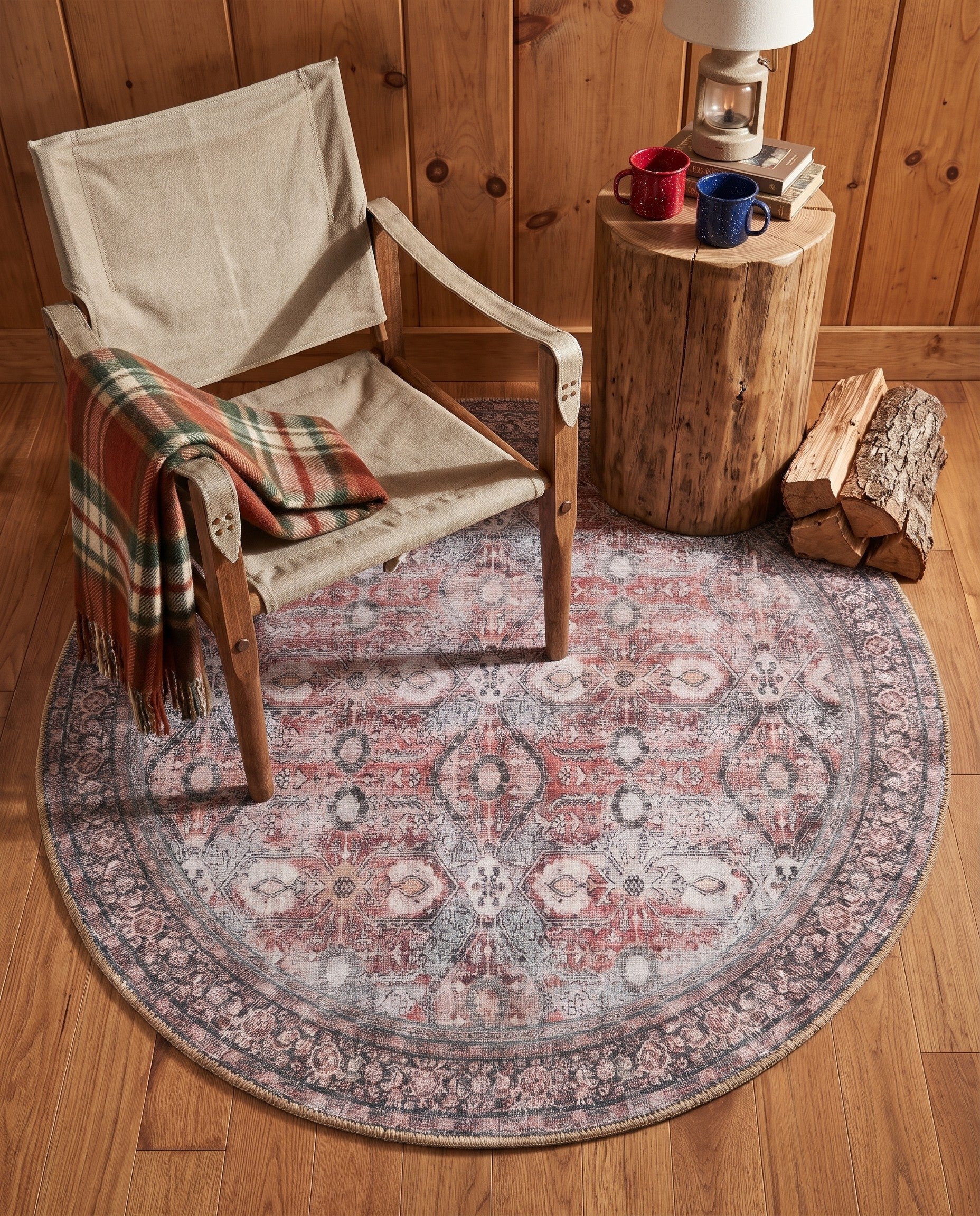 Antique Red Washable Timeless Round Rug